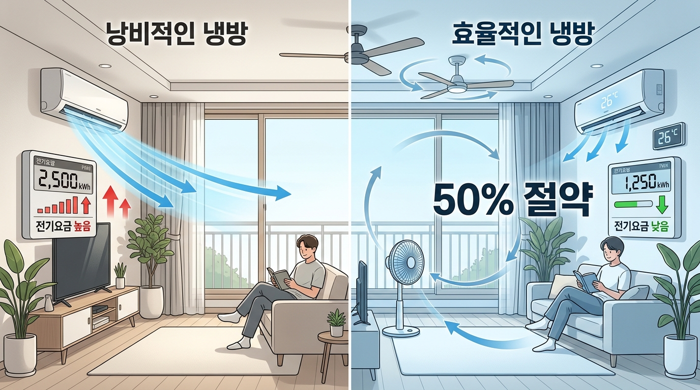 선풍기와 에어컨을 함께 사용해 공기를 순환시키는 쾌적한 거실 모습, 여름 냉방비 절약하는 선풍기 100% 활용법