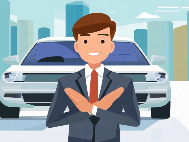 회사법인차 앞에 서있는 직장인