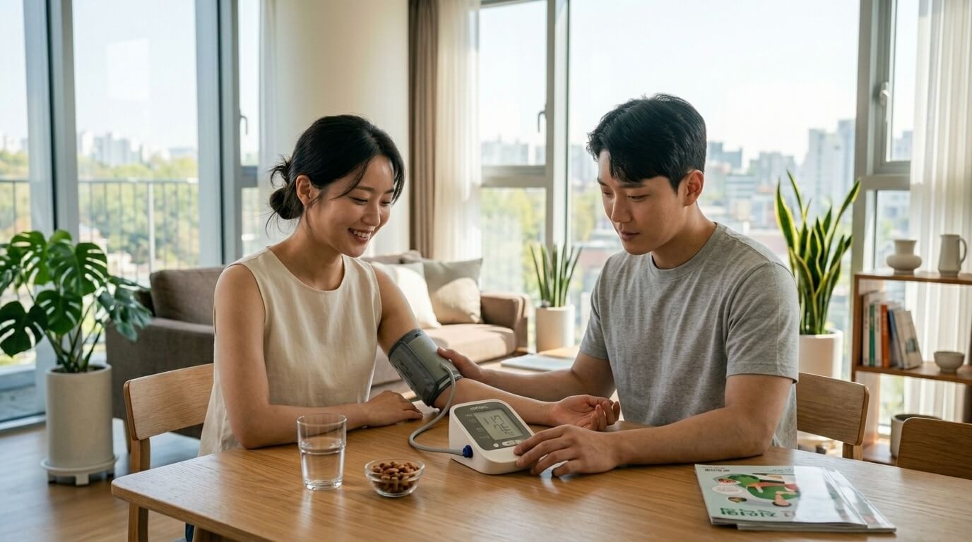 집에서 혈압을 측정하는 20대 남녀