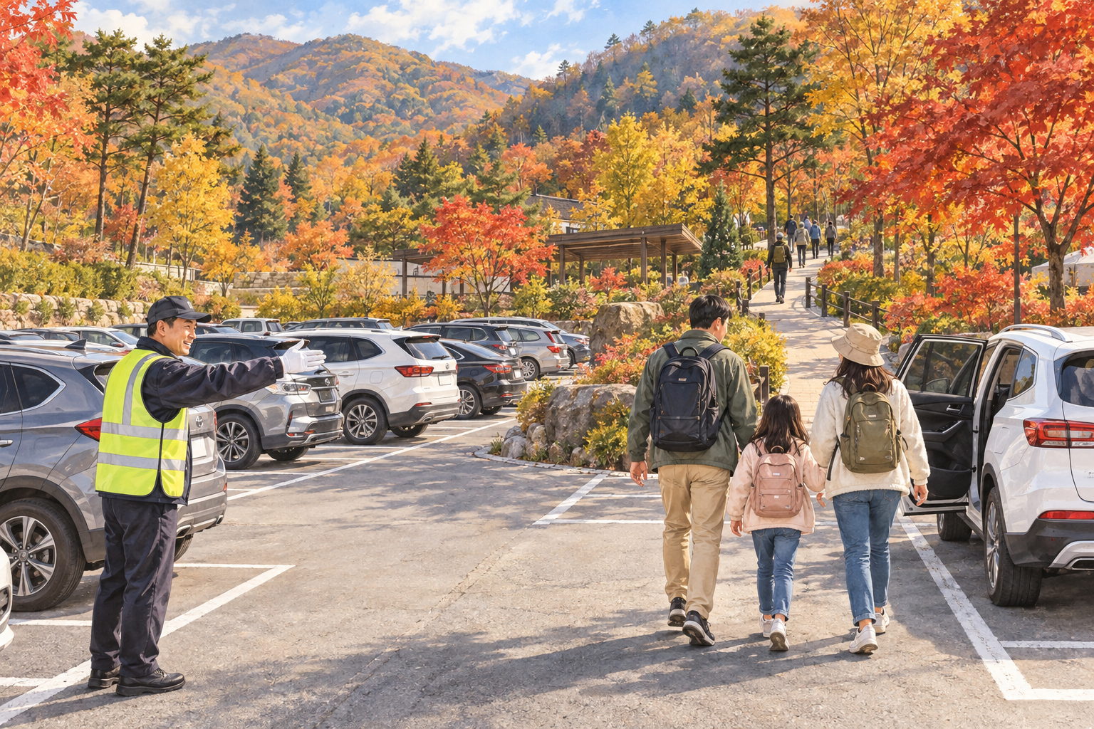 가을 리조트 주차장에 도착한 가족과 주차 안내 요원을 그린 일러스트