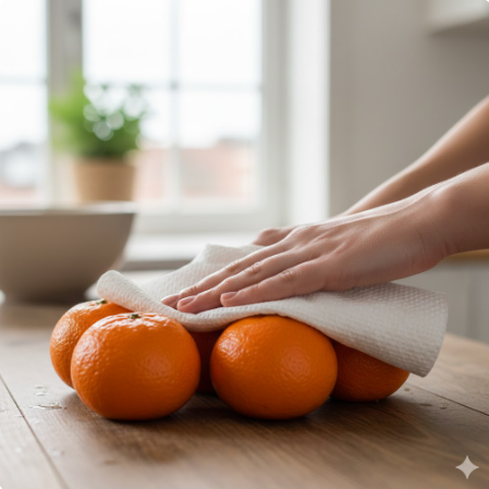 키친타월로 귤의 물기를 완전히 제거하는 이미지