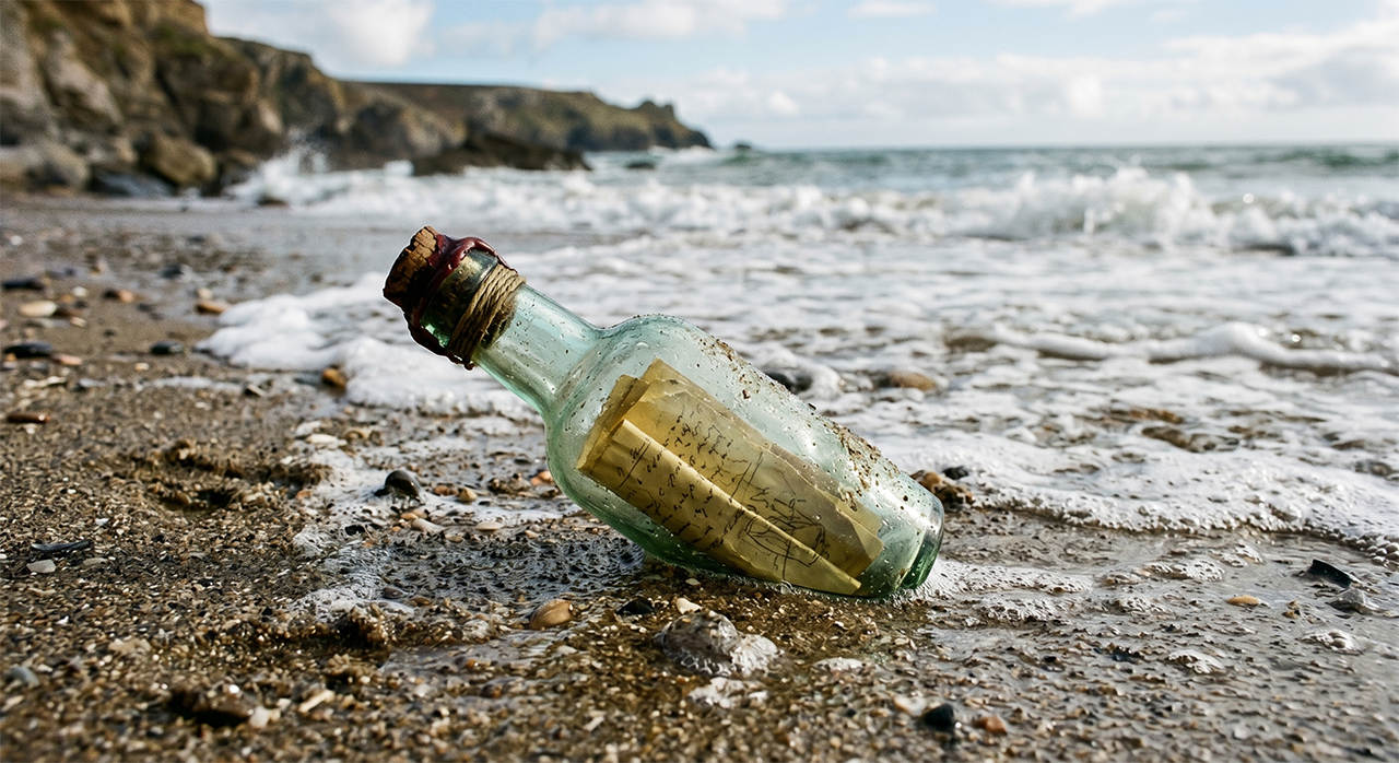 십각관의 살인 소설 내용중 유리병 해설지를 시각화한 이미지