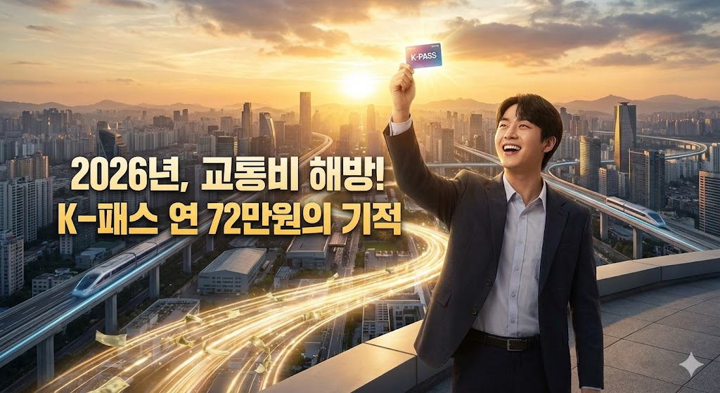 황금빛 노을이 지는 도시 전망대에서 K-패스 카드를 들고 환호하는 직장인 남성과 '교통비 해방' 문구가 담긴 극적인 썸네일