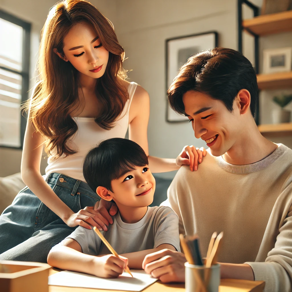 따뜻한 집안에서 아이를 사랑스럽게 바라보는 부모와 그림을 그리는 어린아이, 자연광이 비치는 밝은 공간, 가족의 사랑과 지지가 느껴지는 장면.