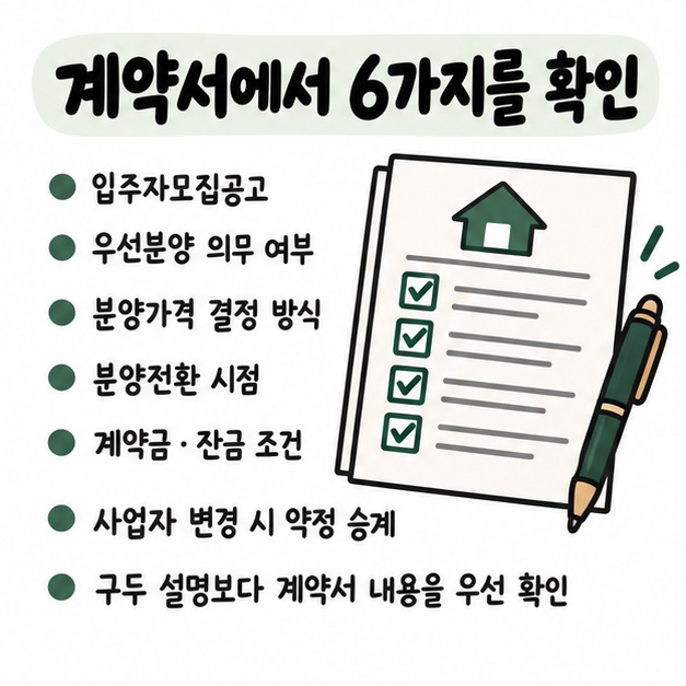 입주자모집공고와 임대차계약서에서 우선분양 여부, 분양가격 결정 방식, 전환 시점과 약정 승계를 확인하는 체크 카드