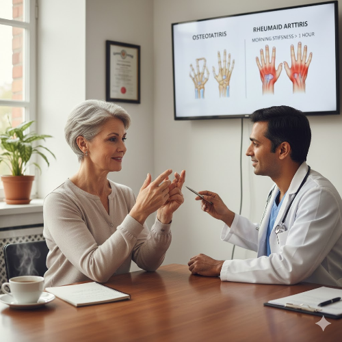 백발의 중년 여성이 의사와 상담하며 손가락 통증에 대해 설명하는 모습. 벽면 모니터에는 손가락 관절염 종류(골관절염, 류마티스 관절염)를 비교하는 의학 다이어그램이 나타나 있다.
