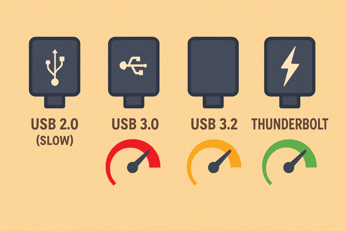 USB 2.0, 3.0, 3.2, 썬더볼트 포트 속도 비교 인포그래픽