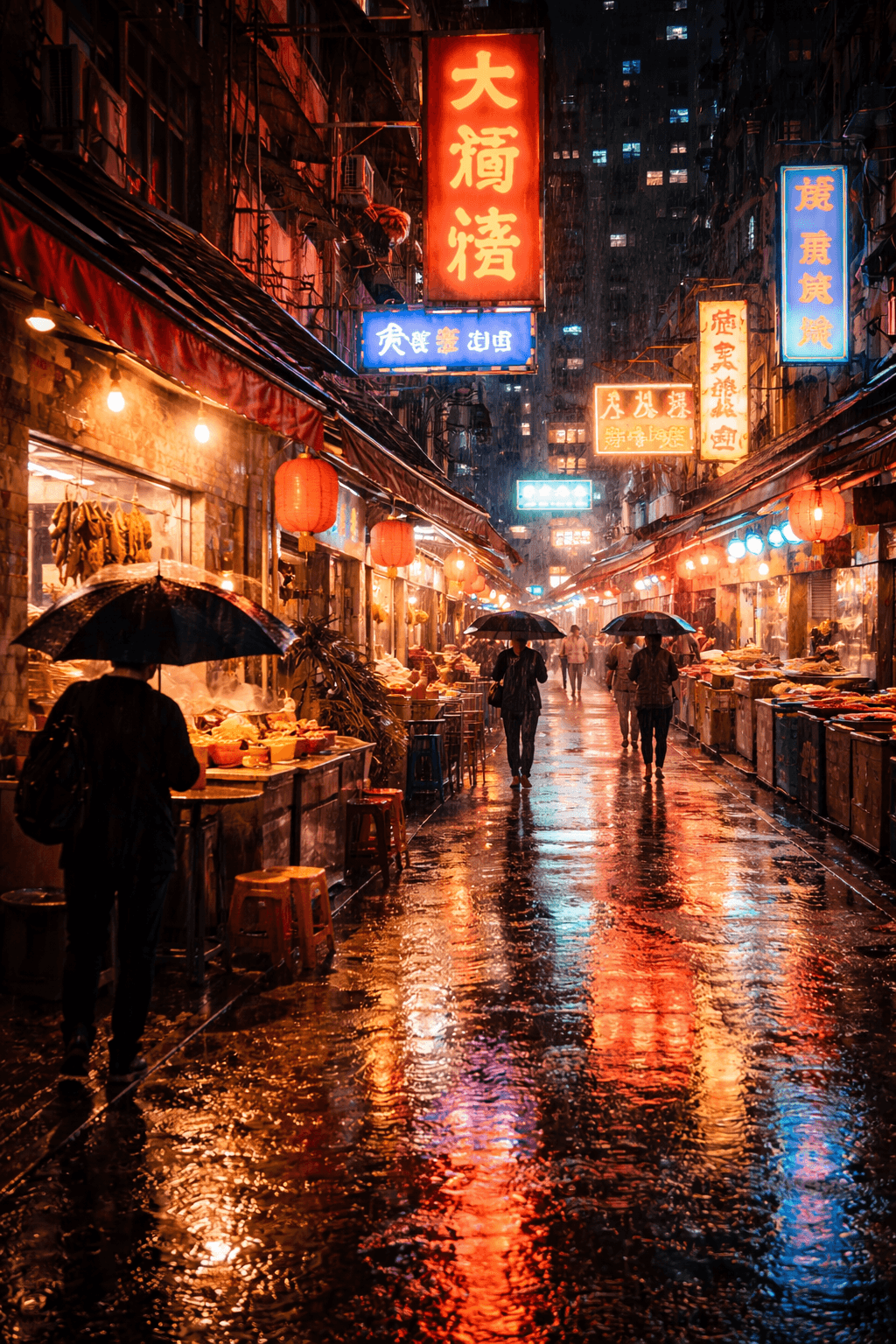 비 오는 홍콩 네온 거리를 떠올리게 하는 이미지