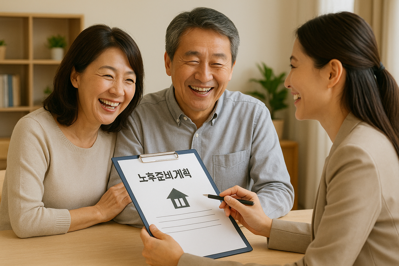 중년 부부가 노후설계 상담을 받으며 웃는 장면
