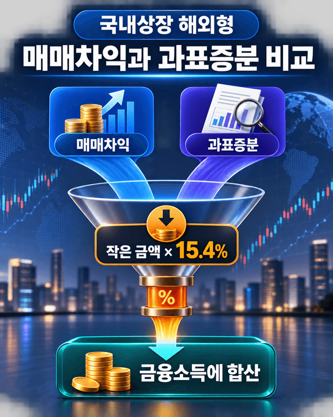 국내상장 해외형 ETF의 매매차익과 과표증분 중 작은 금액에 15.4퍼센트를 적용하고 금융소득에 합산하는 구조