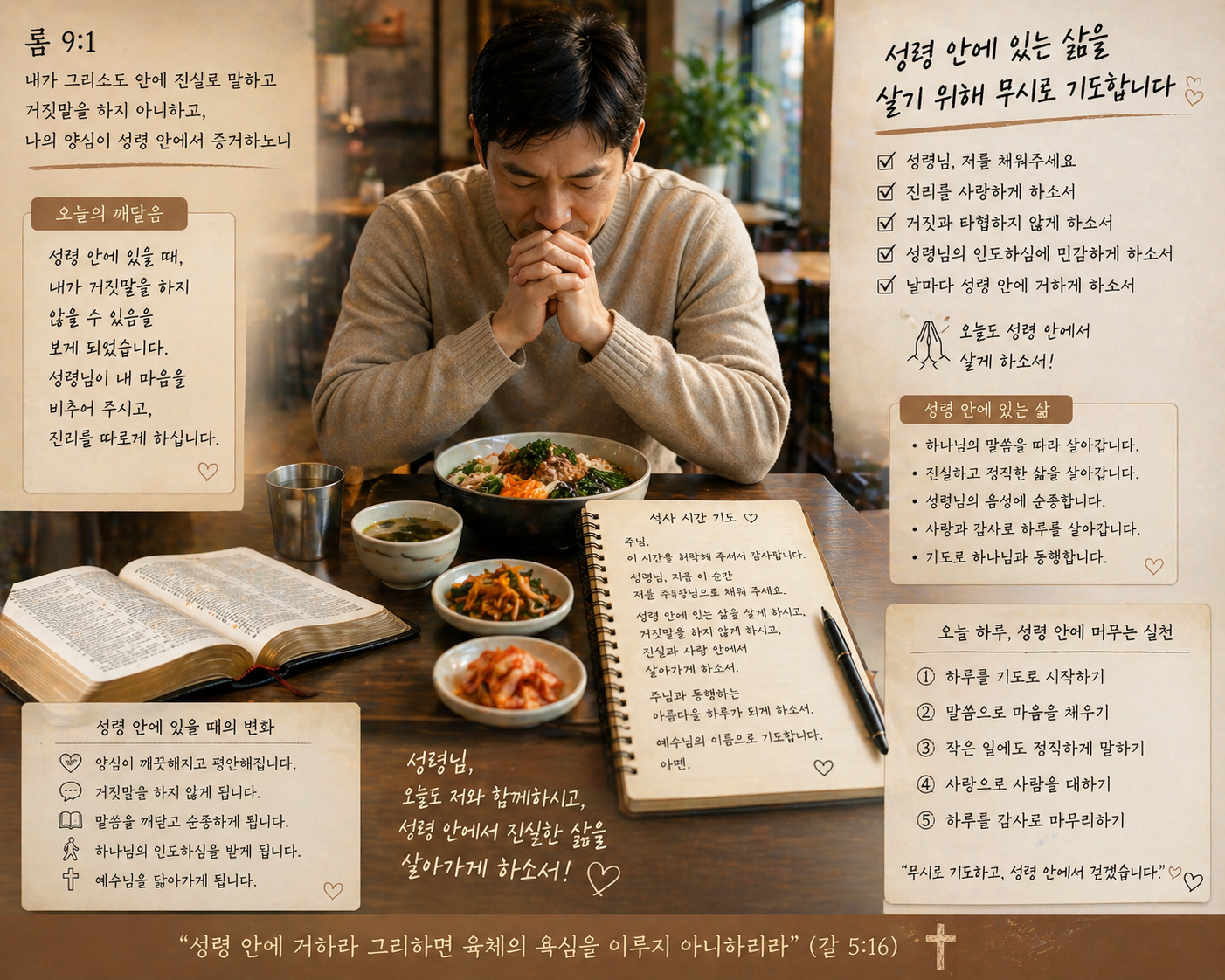 롬 9:1에서 성령 안에 있을 때&amp;#44; 내가 거짓말을 하지 않을 수 있음을 보게 되었고&amp;#44; 성령 안에 있는 삶을 살기 위해 무시로 기도하는 시도를 하며&amp;#44; 특히 식사시간에 성령 안에 있는 삶에 대해 기도하는 모습입니다.
