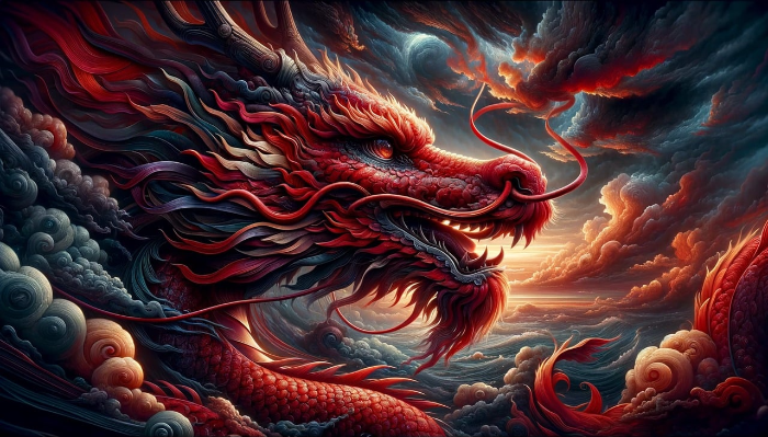 하늘에 있는 빨간용의 이미지