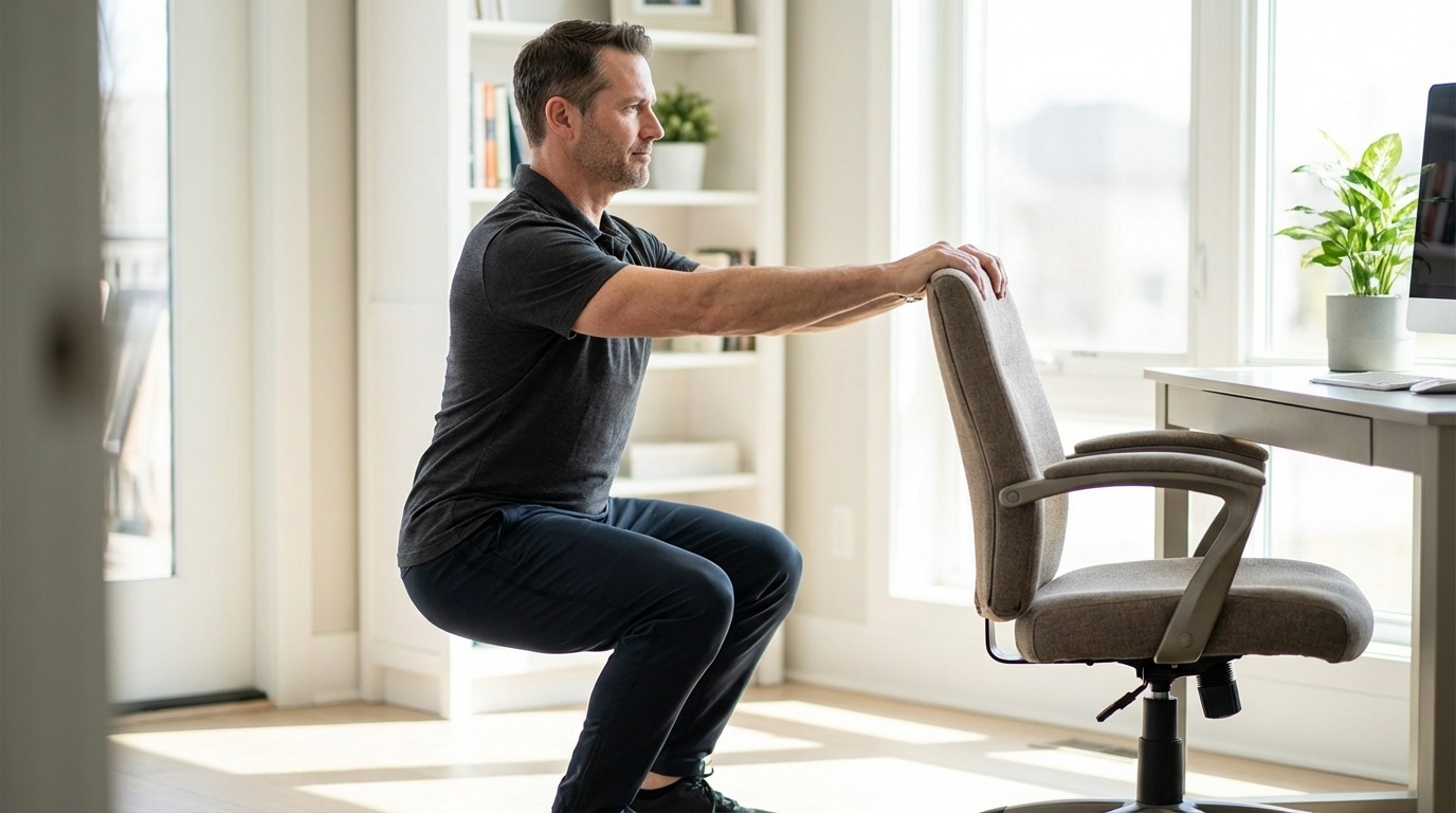 의자를 활용하여 정교한 스쿼트 자세를 잡고 하체 근육의 밀도를 높이는 데 집중하는 중년 전문가의 실사 이미지