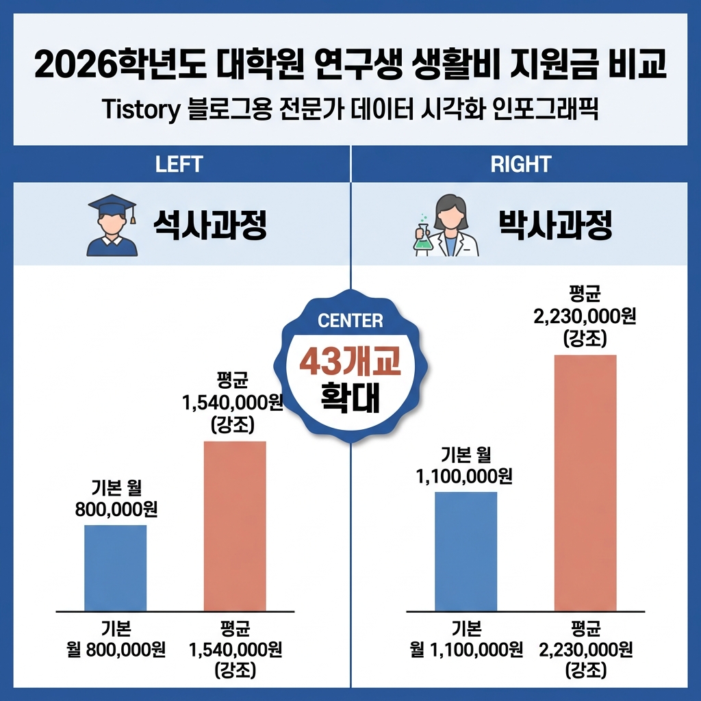 2026 이공계 연구생활장려금 석사 154만 원 박사 223만 원 43개교 확대 인포그래픽