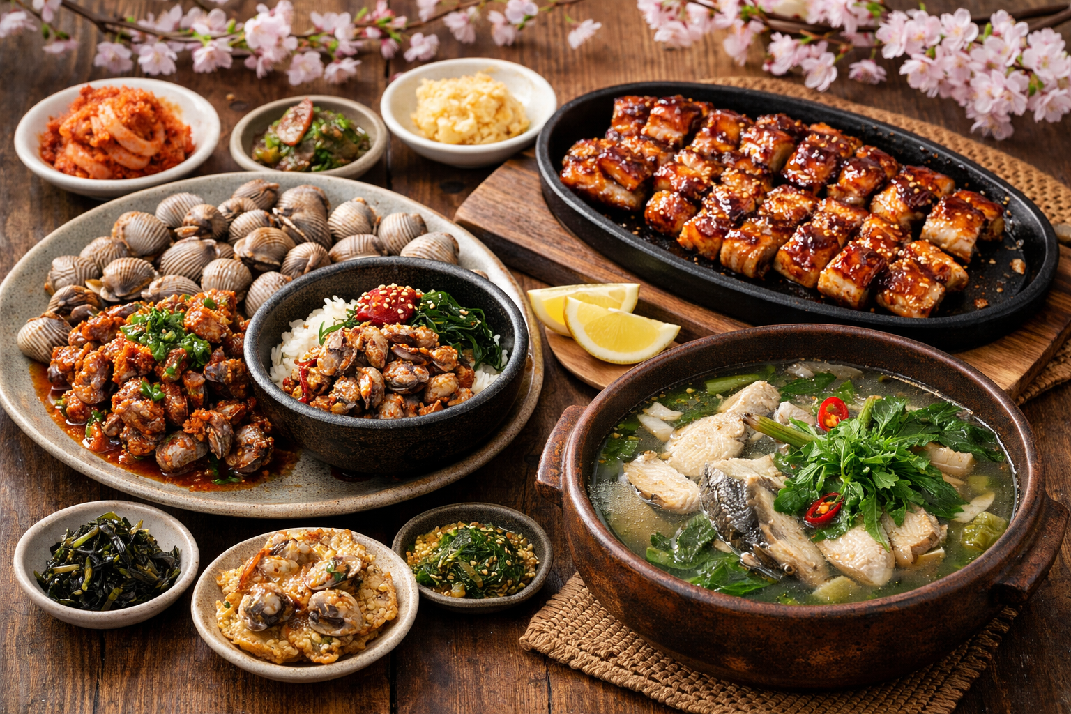 봄철 한국 전통 음식들 (AI 제작)