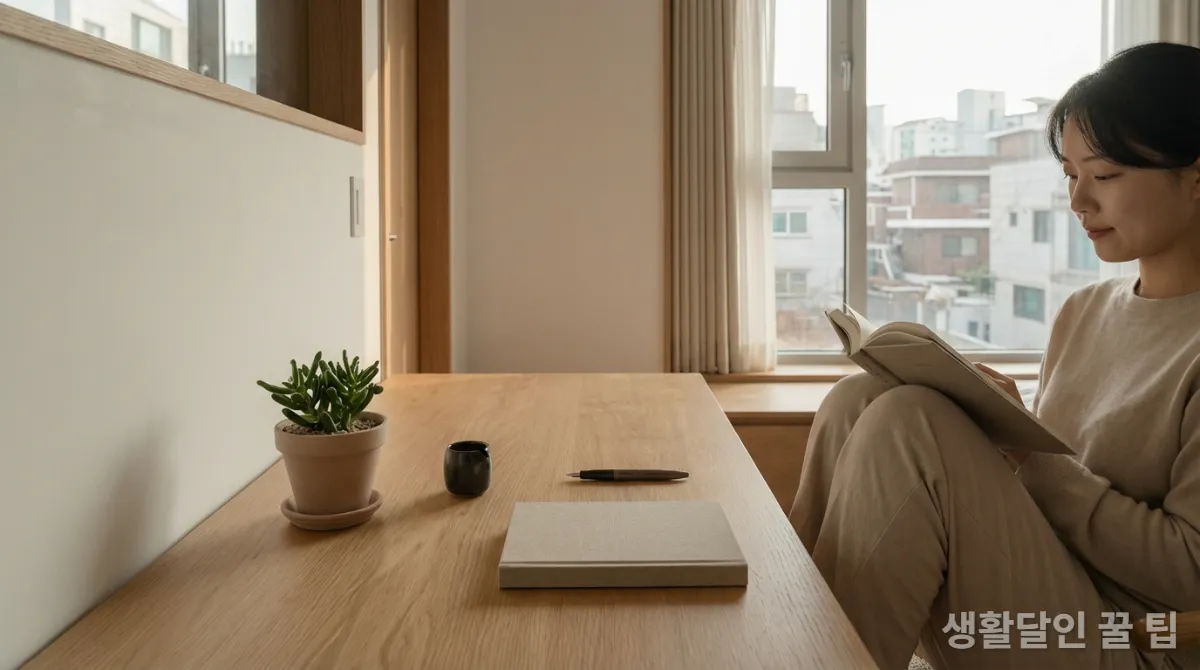 미니멀한 책상에서 책을 읽으며 평온함을 느끼는 한국인