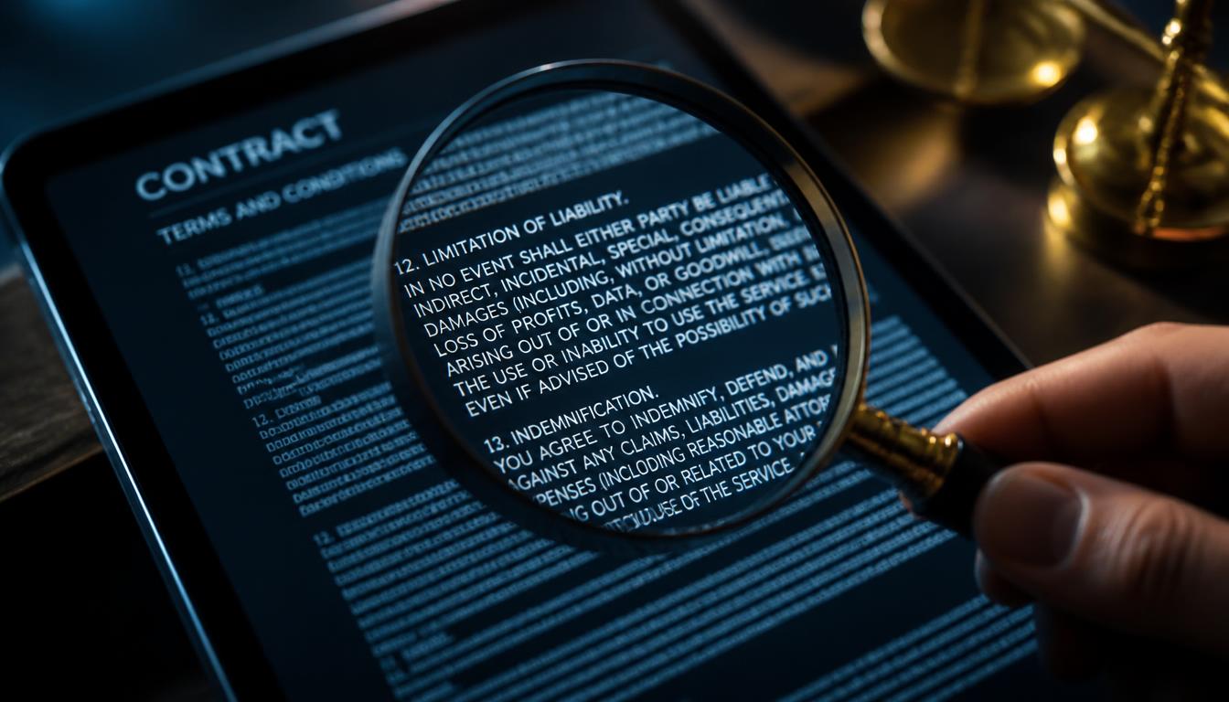 A magnifying glass inspecting digital contract terms on a screen, representing risk balancing and contract evaluation.