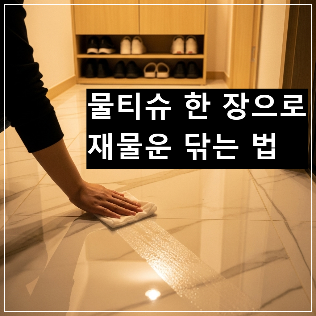 한국식 아파트 현관의 대리석 바닥을 물티슈로 깨끗하게 닦아 반짝이는 모습으로 재물운을 부르는 풍수 습관 이미지
