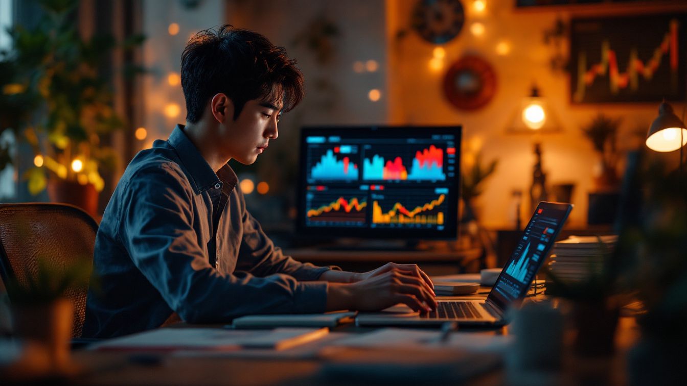 20대 한국인 남성이 주식 투자 공부를 하며 ETF, PER, PBR 정보를 분석하는 장면