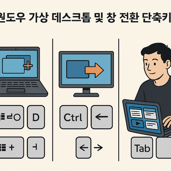 Windows 단축키를 활용한 생산성 향상: 가상 데스크톱 전환, 창 감추기, 프로그램 전환을 나타내는 디지털 일러스트레이션