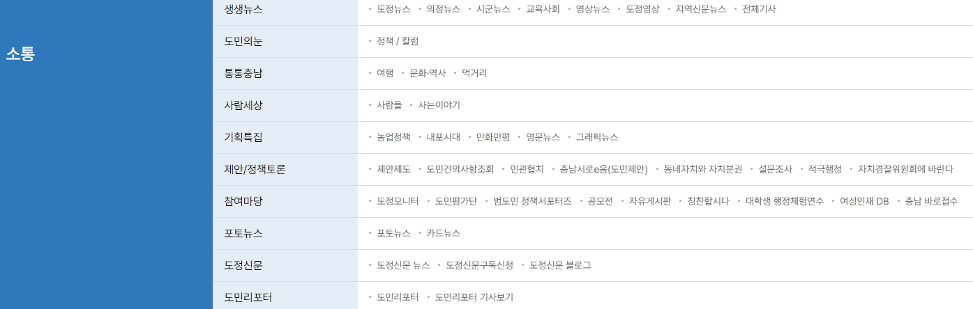 도민들이 자유롭게 의견을 남기고 정책에 참여할 수 있는 소통 게시판 화면