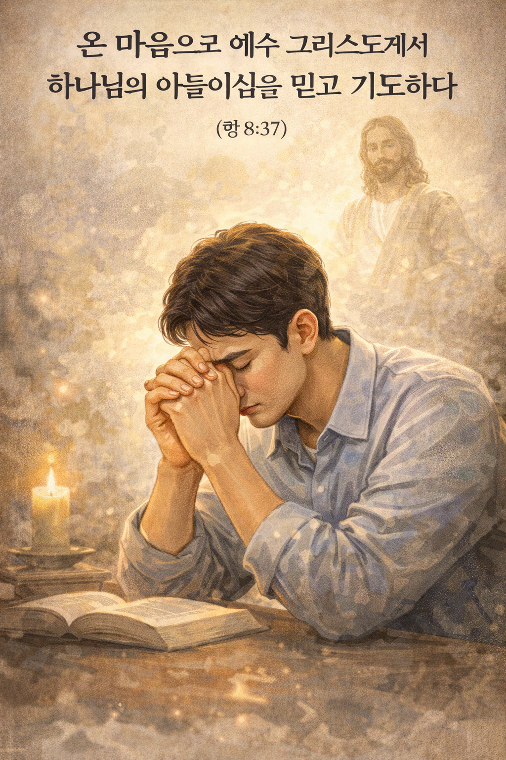 행 8:37 말씀을 보며&amp;#44; 진리의 말씀을 이해하기 위해서는 진실로 마음을 다해 믿음을 갖는 것이 필요함을 알게 되었고&amp;#44; 저도 온 마음으로 예수 그리스도께서 하나님의 아들이심을 믿는 믿음을 갖기 위해 깊은 기도의 시간을 갖는 모습입니다.