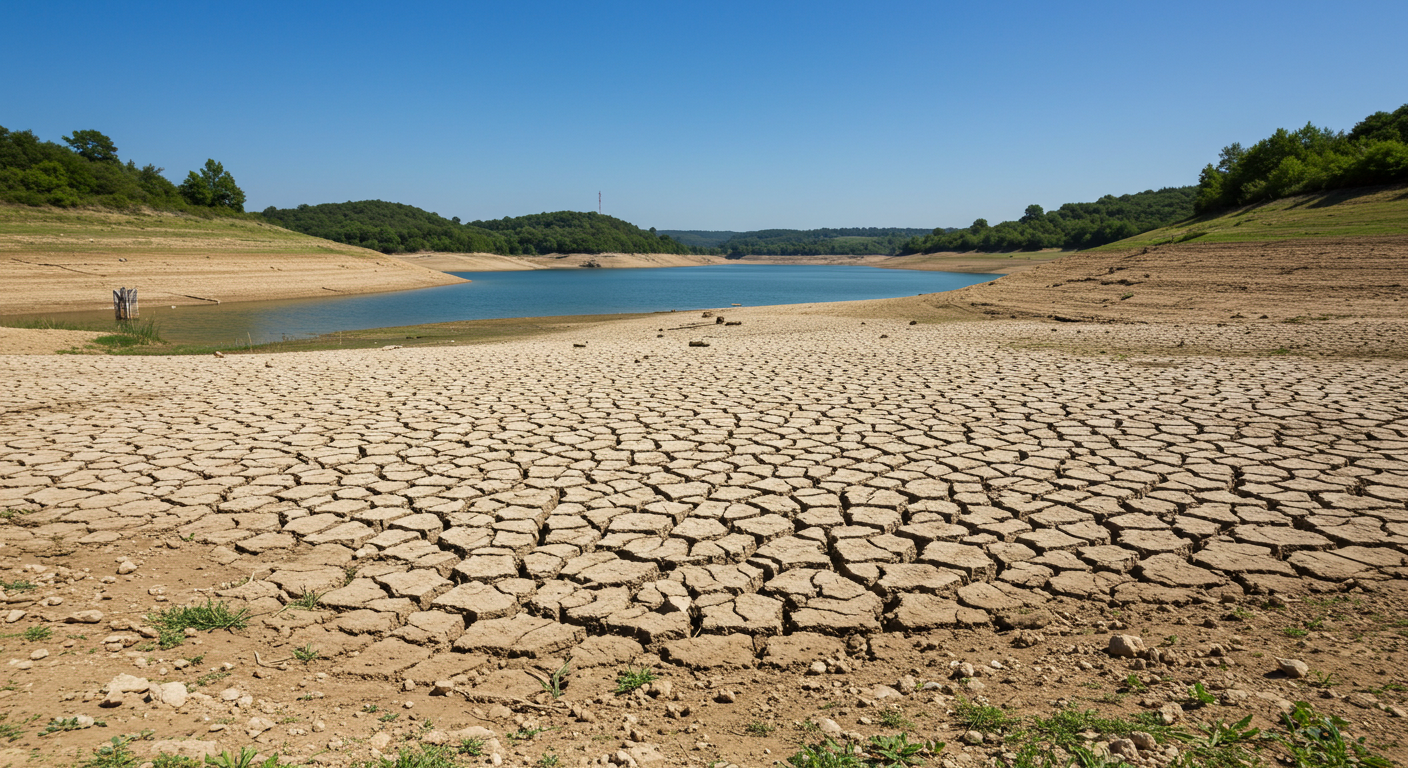 강릉 가뭄으로 말라붙은 저수지 바닥과 갈라진 흙, 배경에는 낮은 수위의 물과 숲이 보인다.