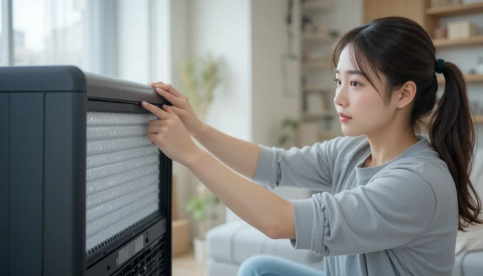 가정용 공기청정기 필터를 청소하는 여성