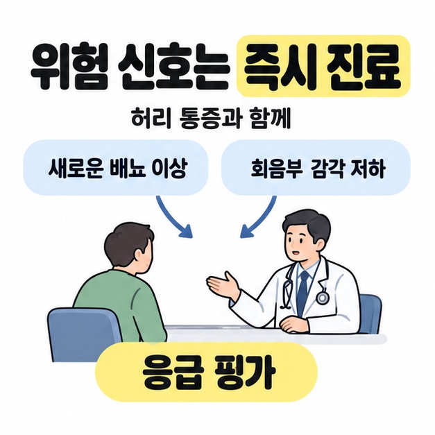 허리 통증과 함께 새로운 배뇨 이상이나 회음부 감각 저하가 생기면 즉시 진료와 응급 평가를 받도록 안내한 그림