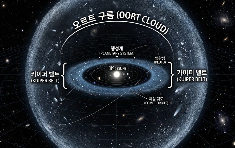 태양계 전체 구조 단면도 — 안쪽 행성궤도부터 카이퍼 벨트, 오르트 구름까지 거리 비율로 표현한 과학적 일러스트