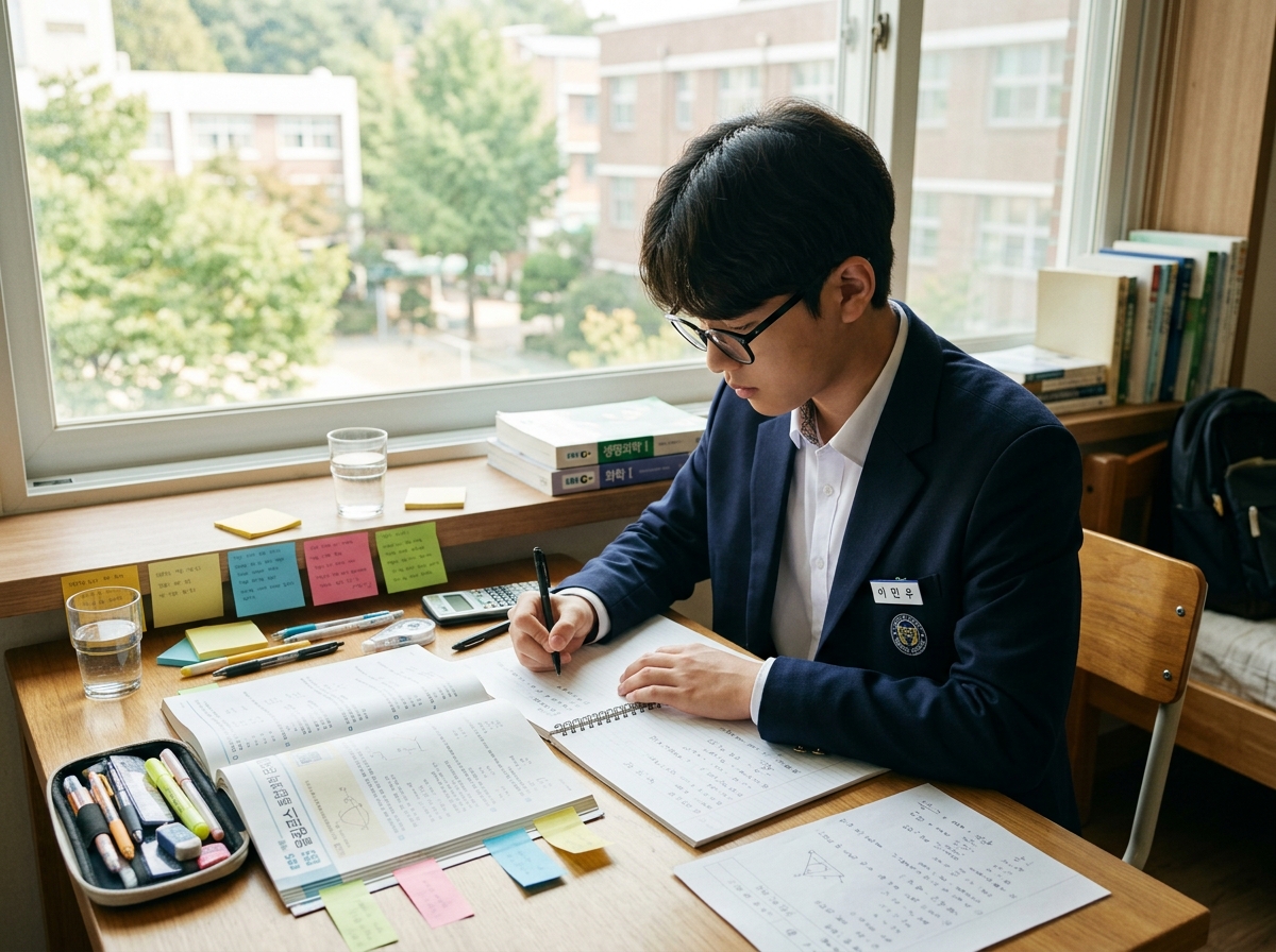 과학 문제 풀이와 오답 분석을 하는 학생