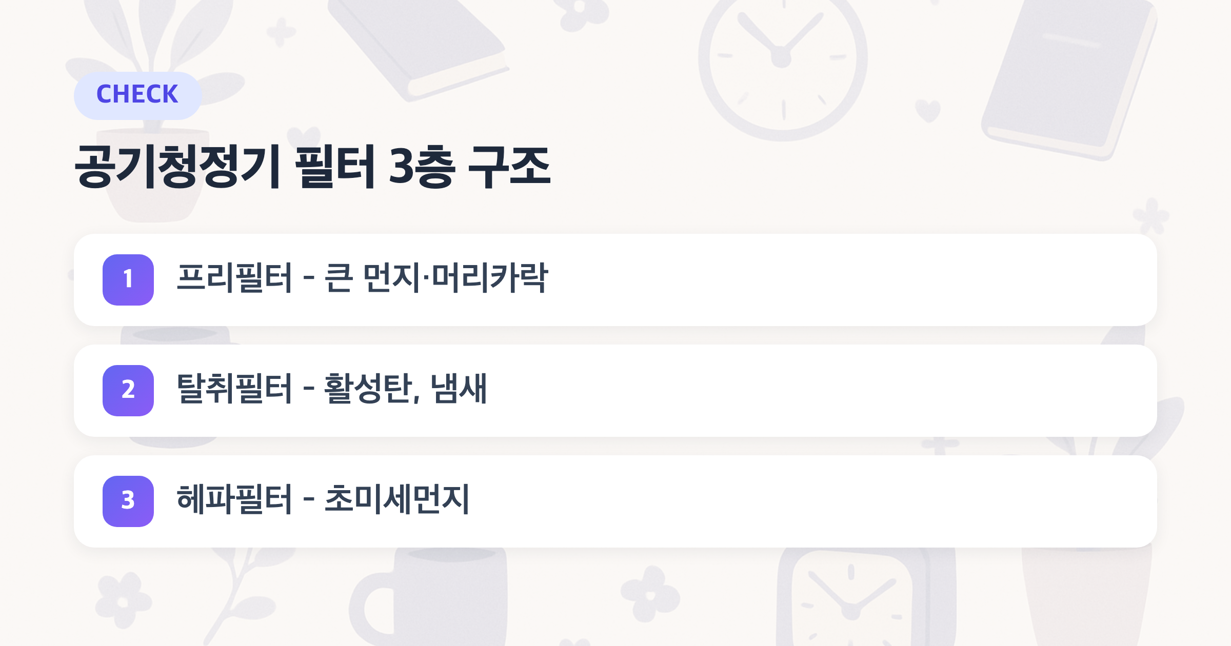 공기청정기 필터 3층 구조: 프리필터 - 큰 먼지·머리카락, 탈취필터 - 활성탄, 냄새, 헤파필터 - 초미세먼지