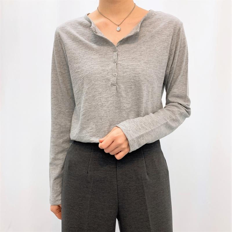 여성 헨리넥 슬라브 여름 거즈 면 얇은 긴팔 티 면티 린넨 화이트 그레이 블랙