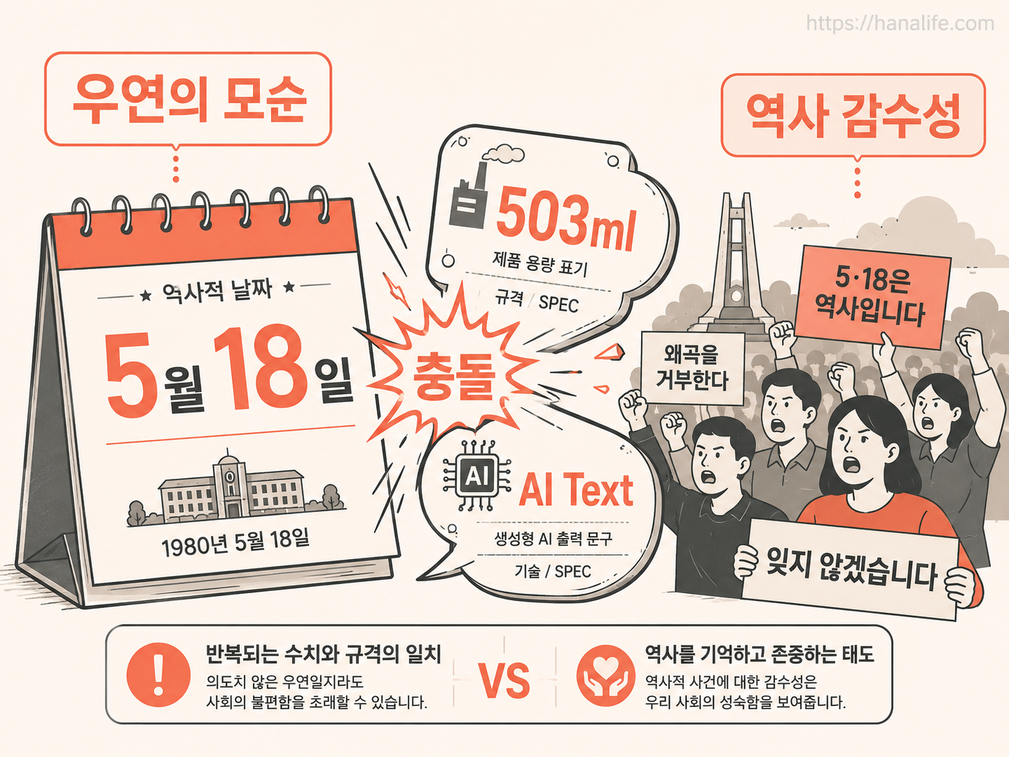 역사적 비극의 날짜와 마케팅 단어 결합이 불러온 사회적 비판과 낙인 효과를 형상화한 그래픽