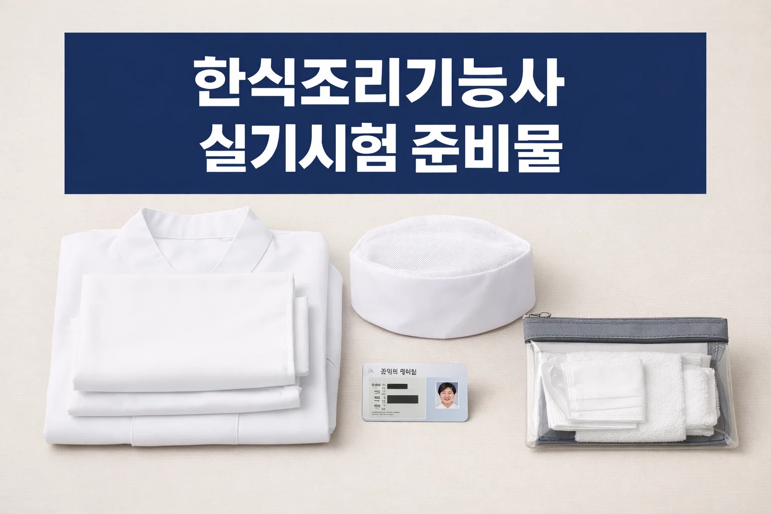 한식조리기능사 실기시험 준비물에서 시험복과 위생모, 신분증과 수건류처럼 당일 기본 준비 항목을 빠르게 파악하도록 정리한 이미지
