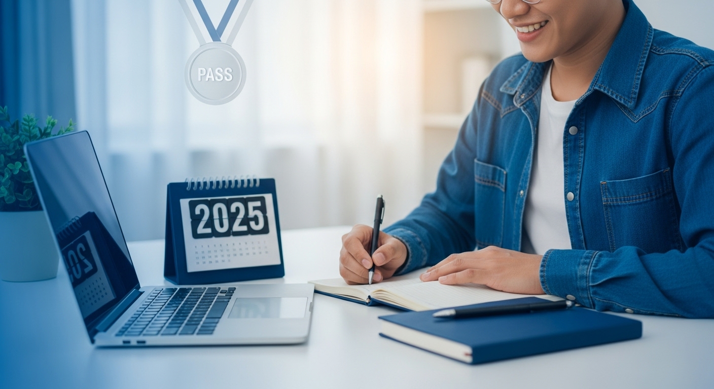 2025년 컴퓨터활용능력 2급 시험에 독학으로 합격한 학생이 노트북과 문제집을 보며 만족스럽게 웃고 있는 모습.