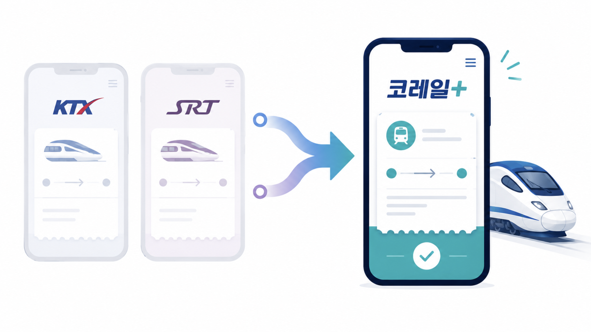 KTX와 SRT 예매 앱 두 개가 하나의 통합 앱으로 합쳐지는 모습을 표현한 일러스트