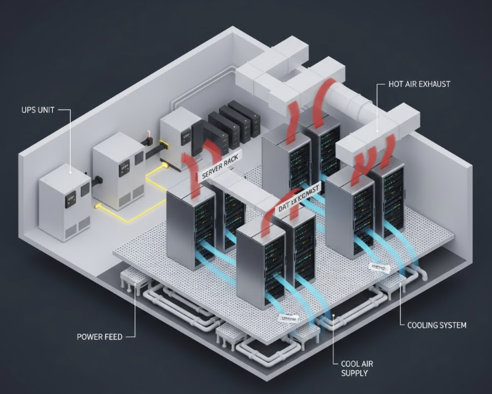 데이터 센터의 내부 단면도로, 서버 랙의 배치 구조와 UPS 전력 공급망, 그리고 이중 바닥을 통한 차가운 공기 흐름과 뜨거운 공기 배출 경로를 포함한 냉각 시스템의 유기적 작동 원리를 보여주는 인포그래픽.