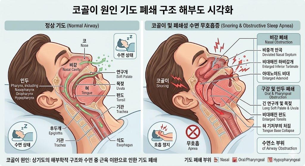 코골이 원인 기도 폐쇄 구조 해부도 시각화 이미지