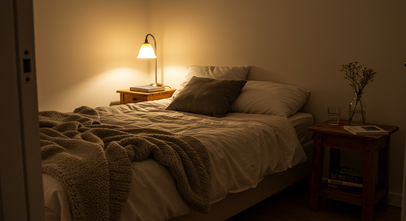 아늑한 침실과 조명이 켜진 침대