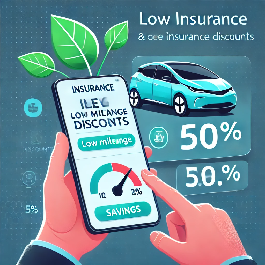 전기차 소유자가 모바일 앱에서 저주행 거리와 친환경 운전 습관에 따른 보험 할인을 확인하고 있으며, 화면에 잎사귀와 속도계 아이콘이 표시되어 있다.