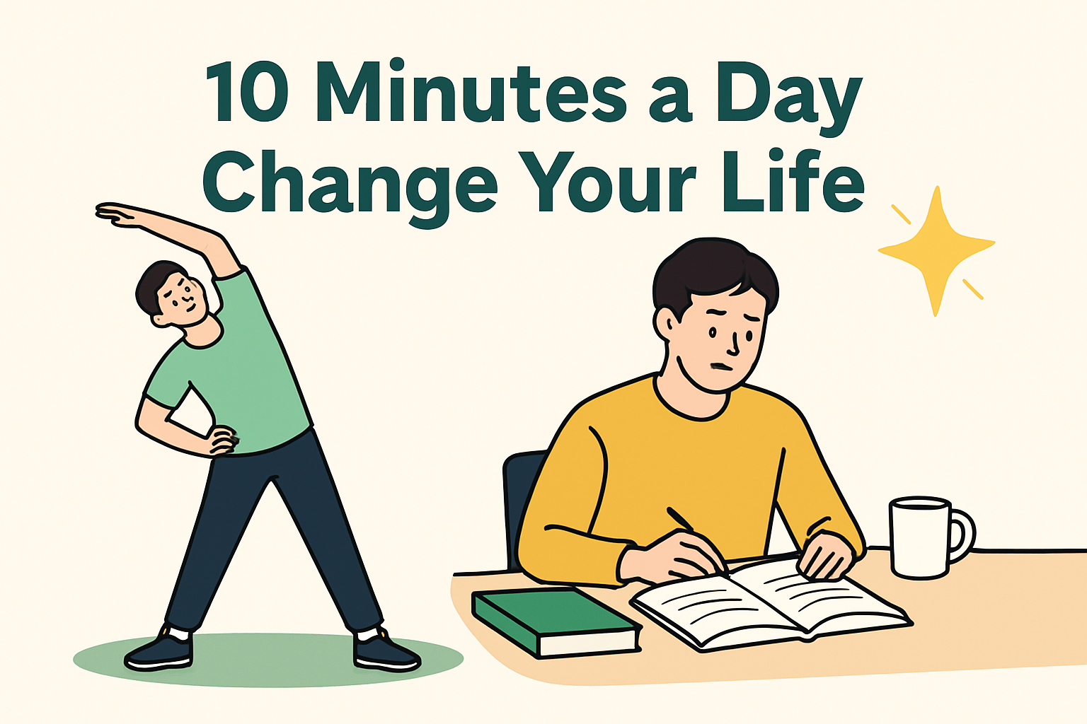 "하루 10분 스트레칭과 독서를 실천하는 모습을 담은 일러스트"