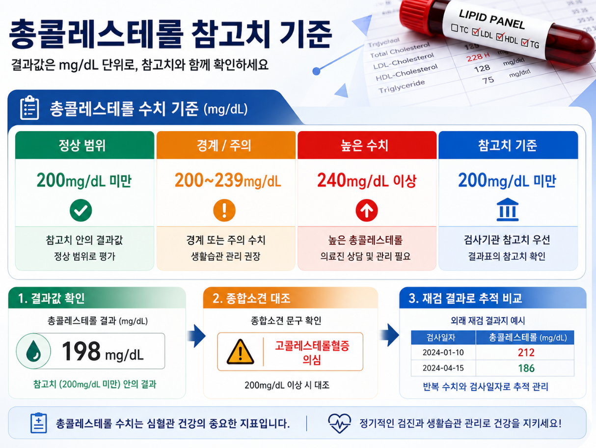 총콜레스테롤 참고치 200mg/dL 미만과 200~239mg/dL 경계, 240mg/dL 이상 높은 수치를 구분한 인포그래픽