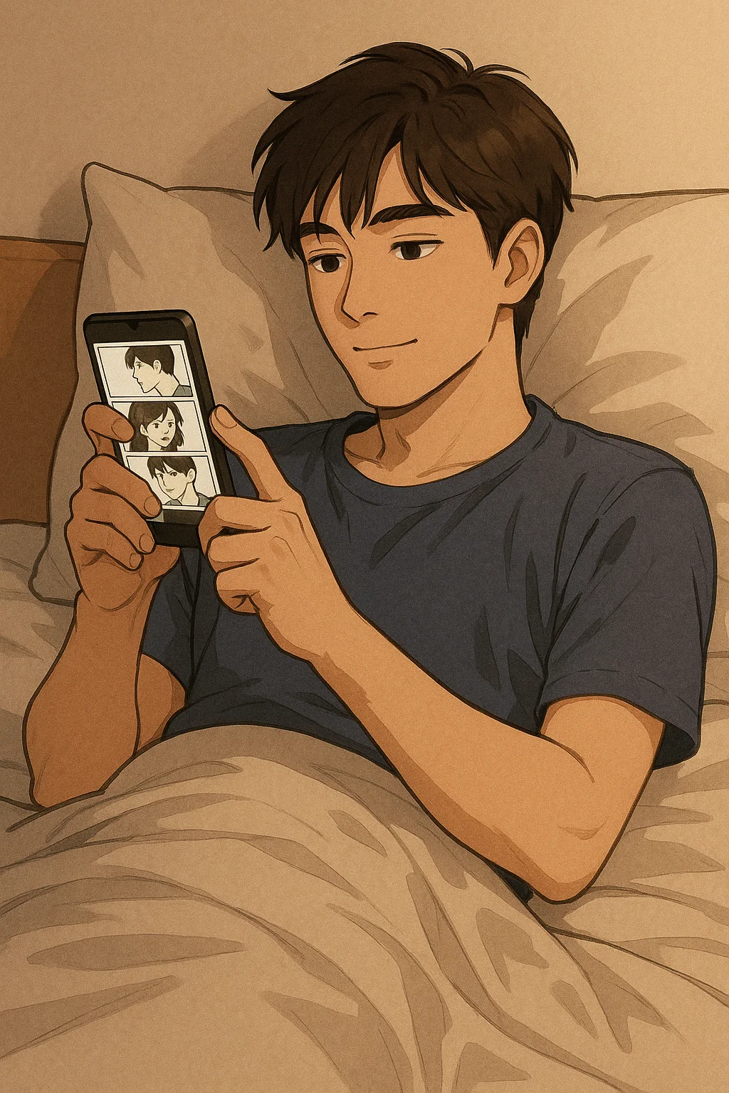 침대에 누워 웹툰을 읽는 남성