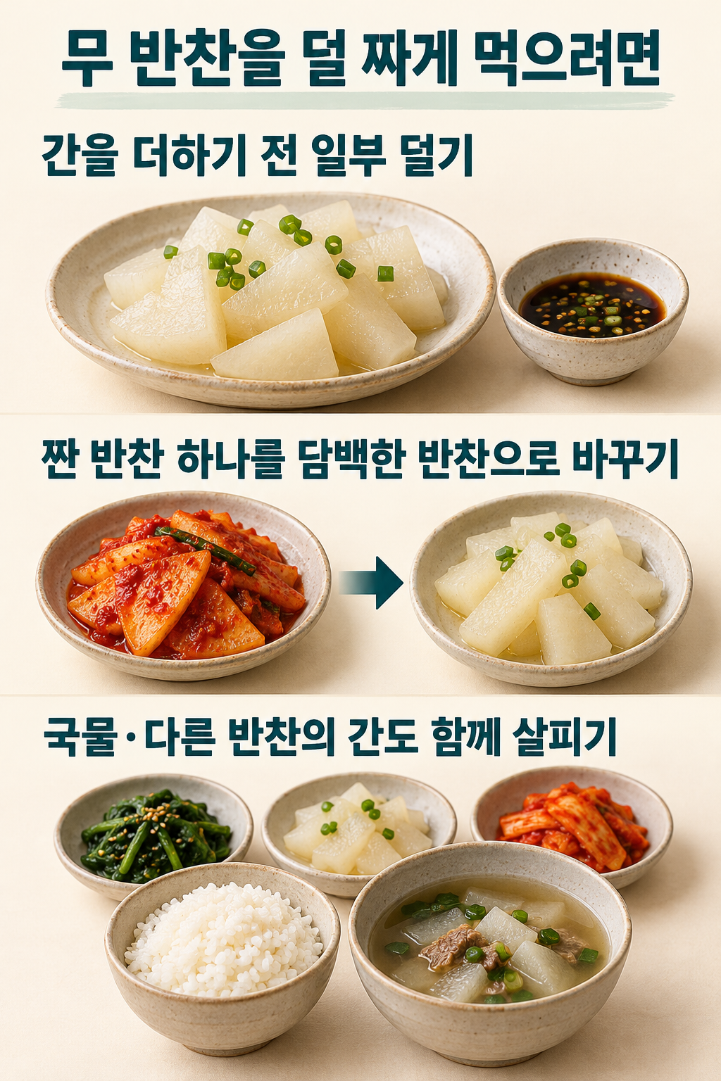 양념 분리, 짠 반찬 바꾸기, 국물과 반찬의 간 살피기를 보여주는 세 가지 식사 조절 예