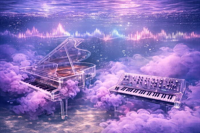 플러그앤비 특유의 몽환적인 수중 효과 사운드와 신시사이저 질감 시각화.