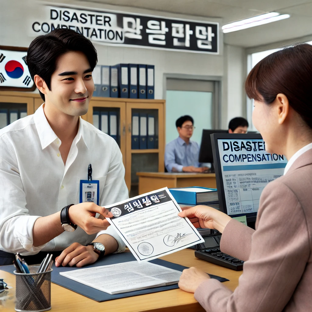 한 사무실에서 정부 직원이 근로자에게 재해보상금 신청 서류를 전달하는 모습. 근로자는 안도한 표정을 짓고 있으며, 배경에는 &quot;재해보상금 신청&quot;이라고 적힌 안내판이 보인다. 사무실은 깔끔하고 현대적인 분위기를 갖추고 있으며, 공식 문서와 책상이 정돈되어 있다.