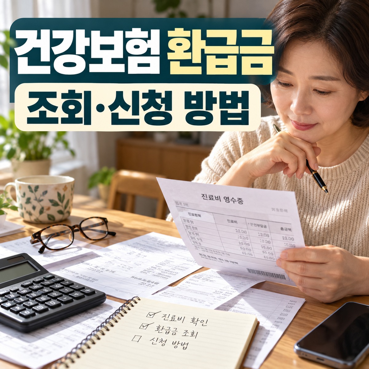 여성 한 명이 계산기와 진료비 영수증을 살펴보며 건강보험 환급금 조회를 준비하는 모습과 큰 한국어 제목