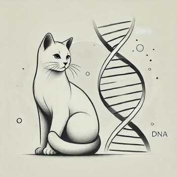 부드럽고 단정하게 앉아 있는 고양이의 실루엣과, 그 뒤로 감성적으로 뻗어 있는 DNA 이중 나선 구조가 중심을 이루는 썸네일