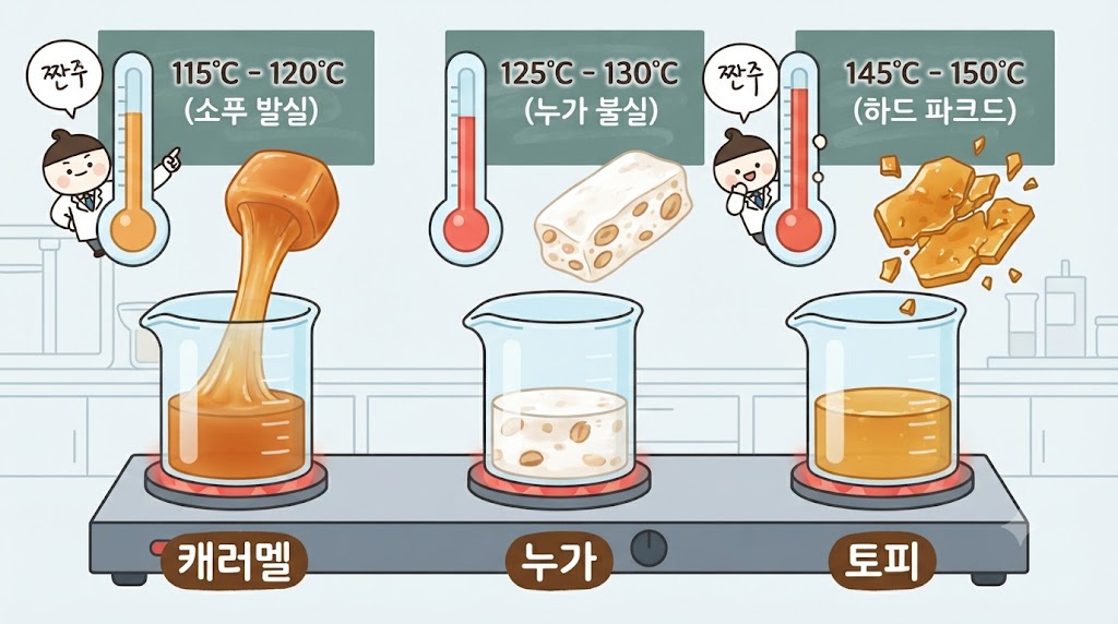 쫀쿠의 디저트 과학 교실입니다. 실험대 위에 온도계가 꽂힌 냄비 세 개가 나란히 있습니다. 첫 번째(118&deg;C)는 부드러운 캐러멜, 두 번째(125&deg;C)는 쫄깃한 누가, 세 번째(145&deg;C)는 바삭한 토피가 만들어지고 있습니다. 온도계 눈금과 결과물의 관계가 명확히 보입니다